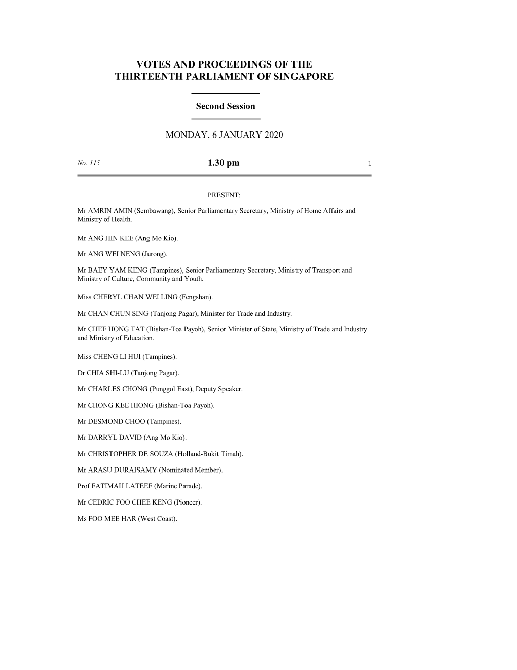 Votes and Proceedings of the Thirteenth Parliament of Singapore