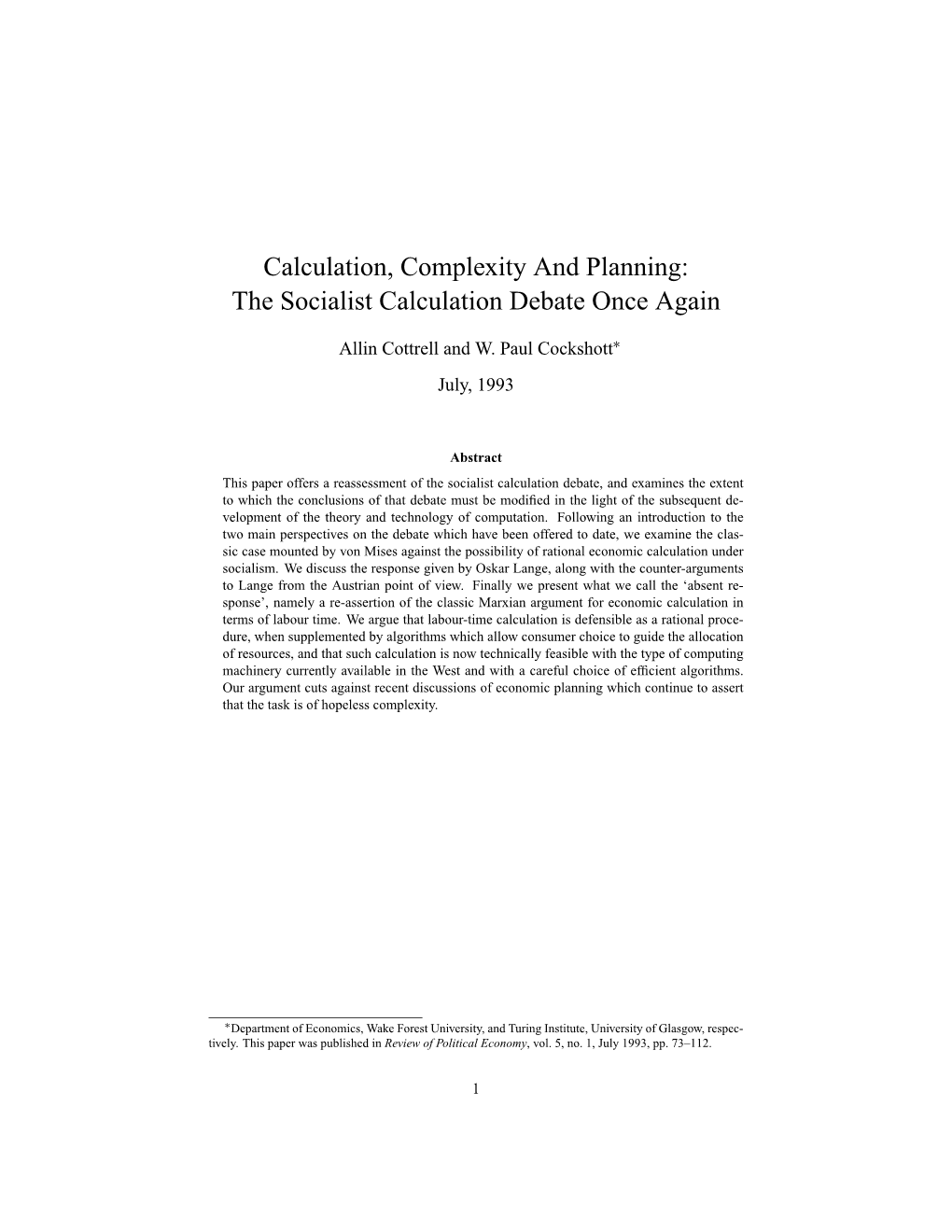 Calculation, Complexity and Planning: the Socialist Calculation Debate Once Again