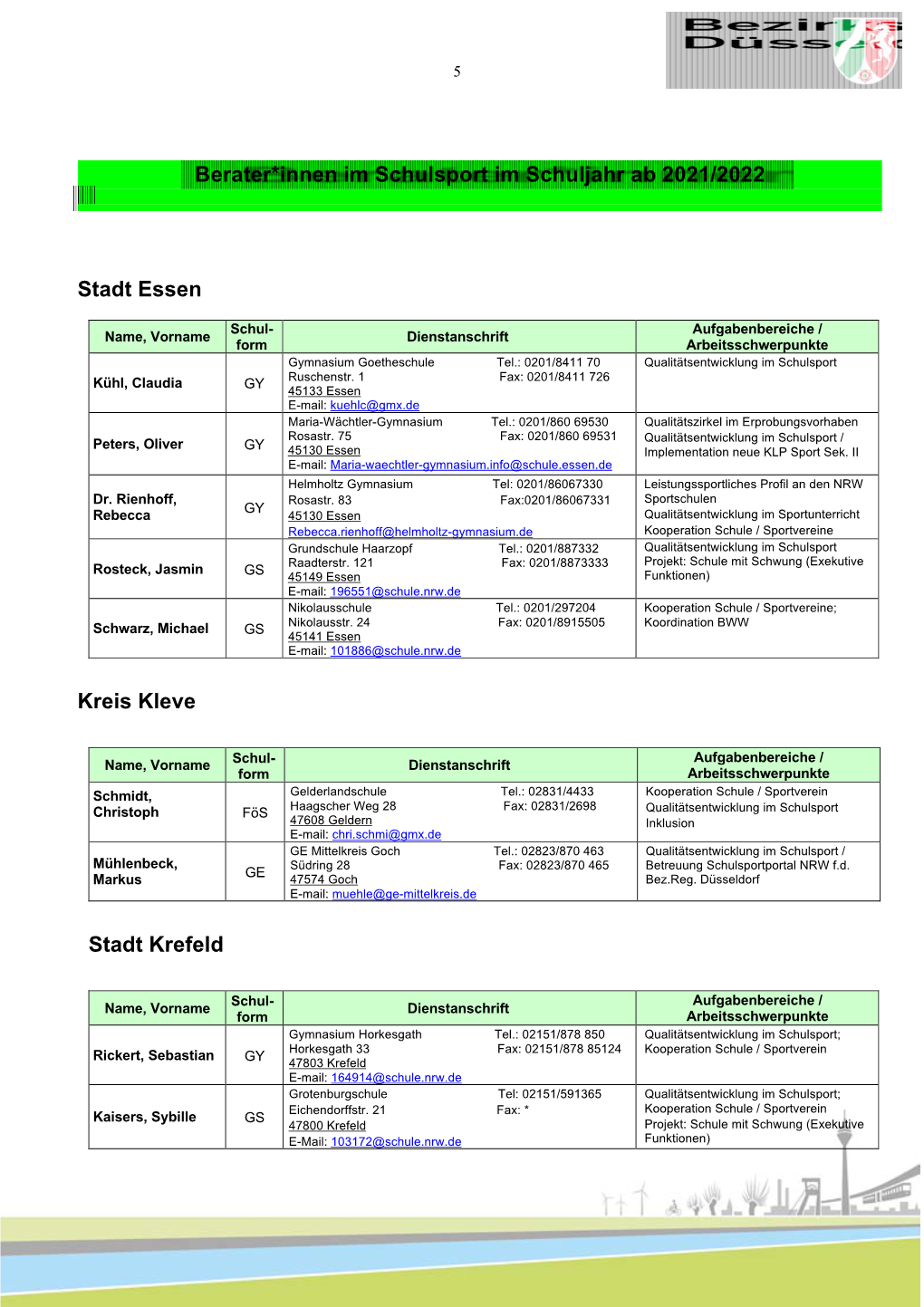 Stadt Essen Kreis Kleve Stadt Krefeld Berater*Innen Im Schulsport Im