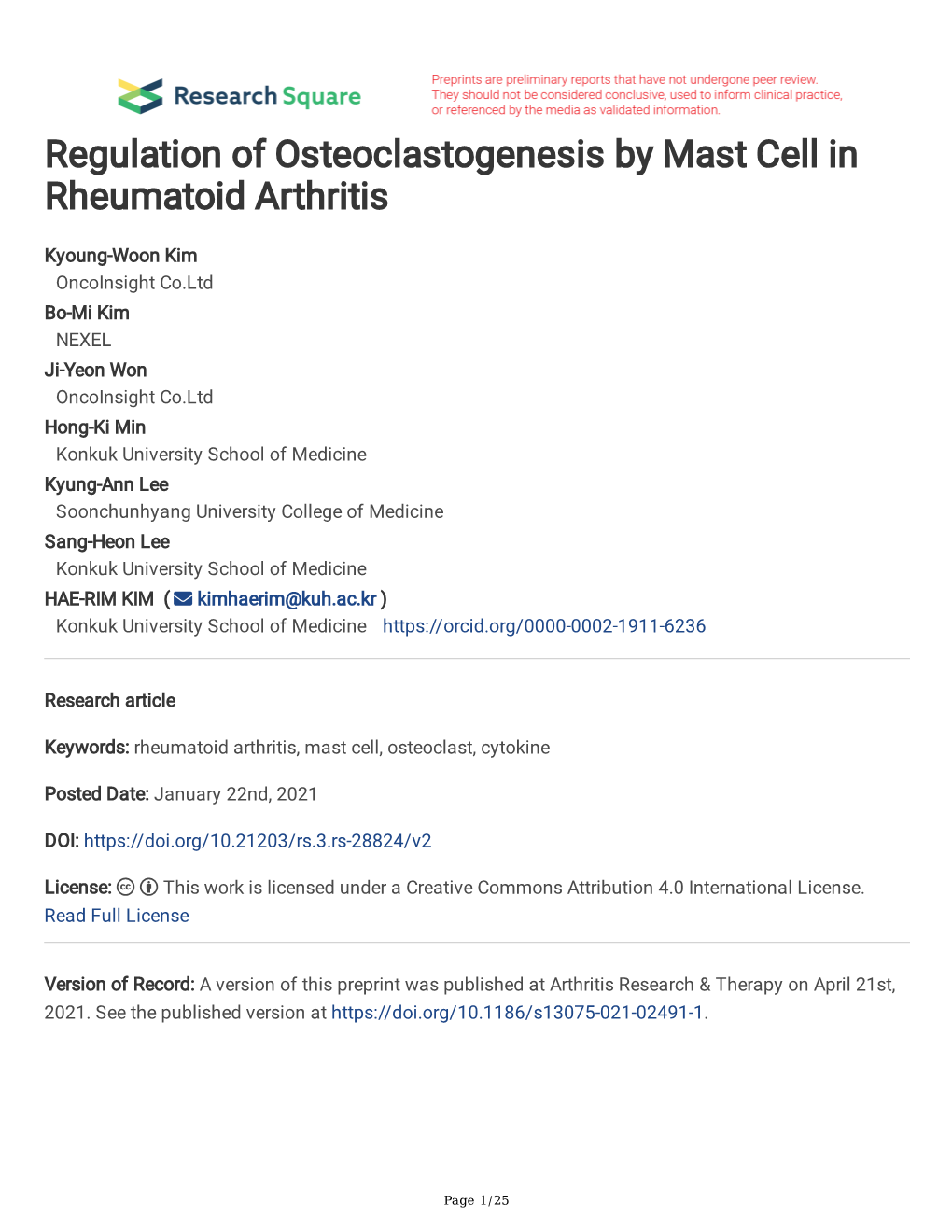 Regulation of Osteoclastogenesis by Mast Cell in Rheumatoid Arthritis