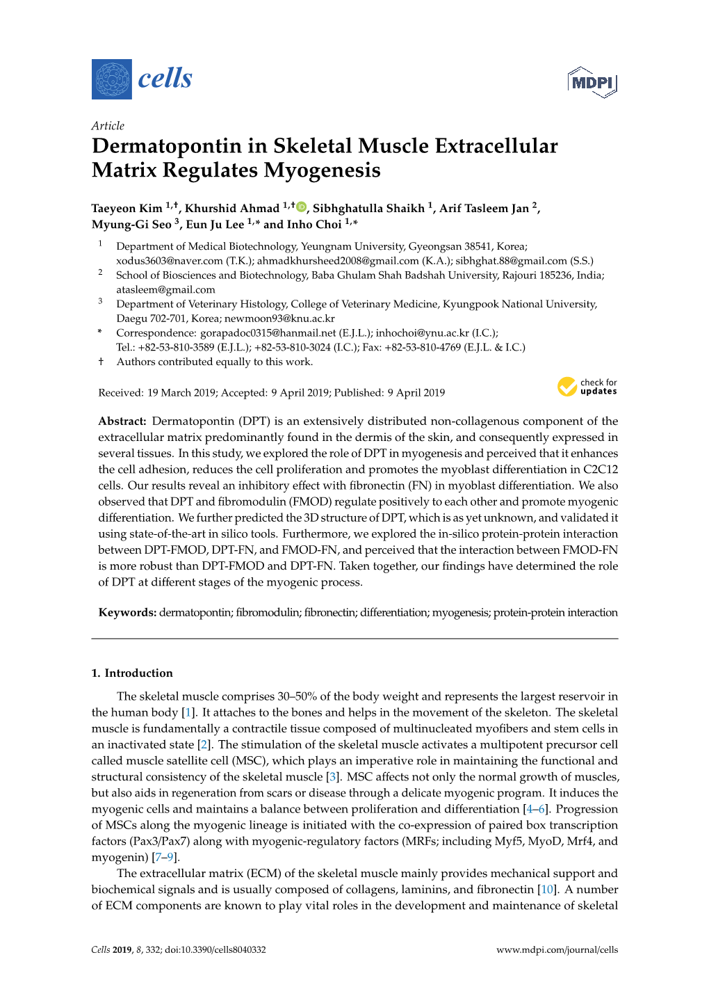 Dermatopontin in Skeletal Muscle Extracellular Matrix Regulates Myogenesis