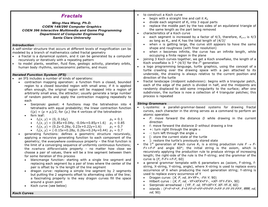 Fractals to Construct a Koch Curve Begin with a Straight Line and Call It K0 Ming- Hwa Wang, Ph.D