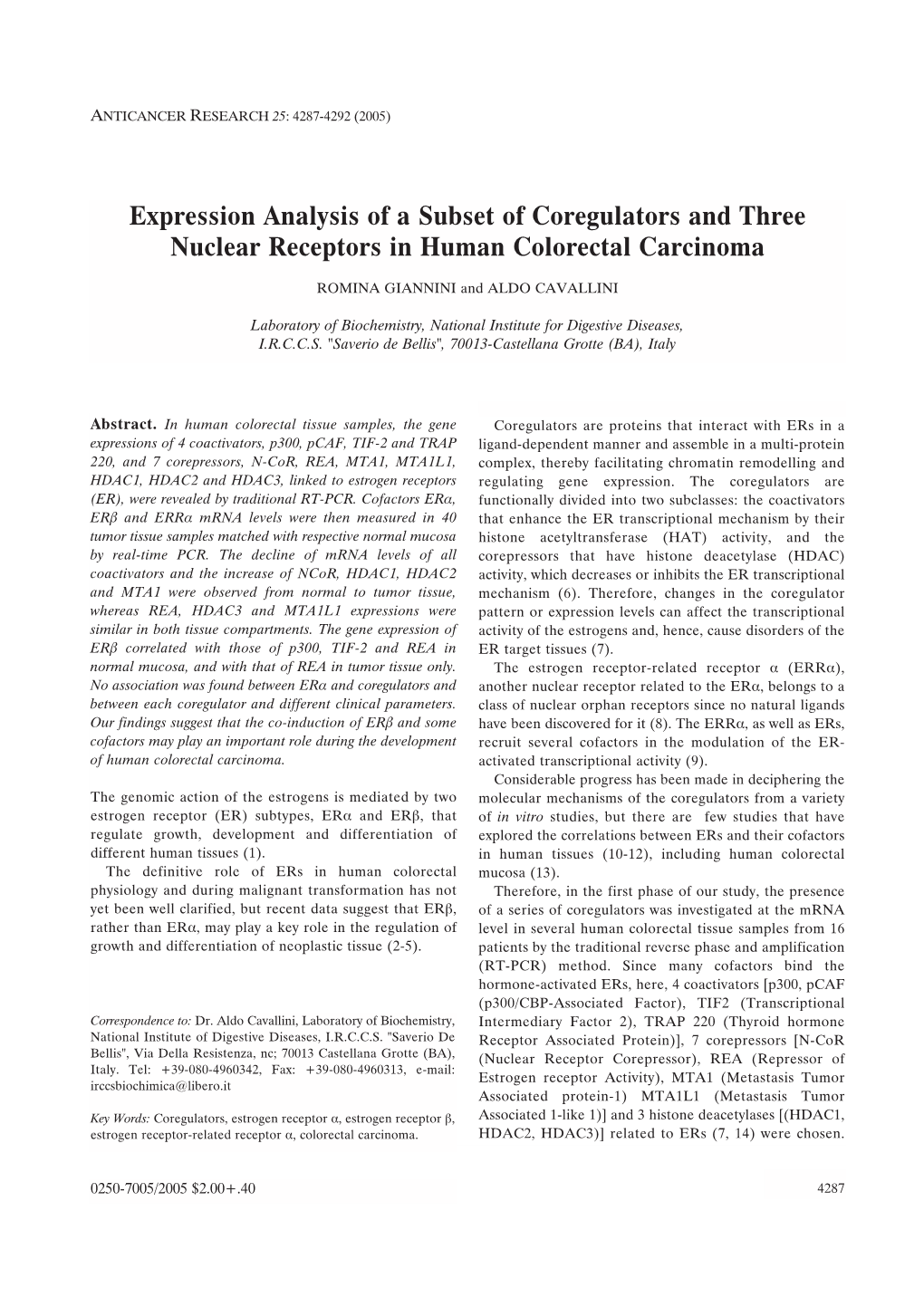 Expression Analysis of a Subset of Coregulators and Three Nuclear Receptors in Human Colorectal Carcinoma