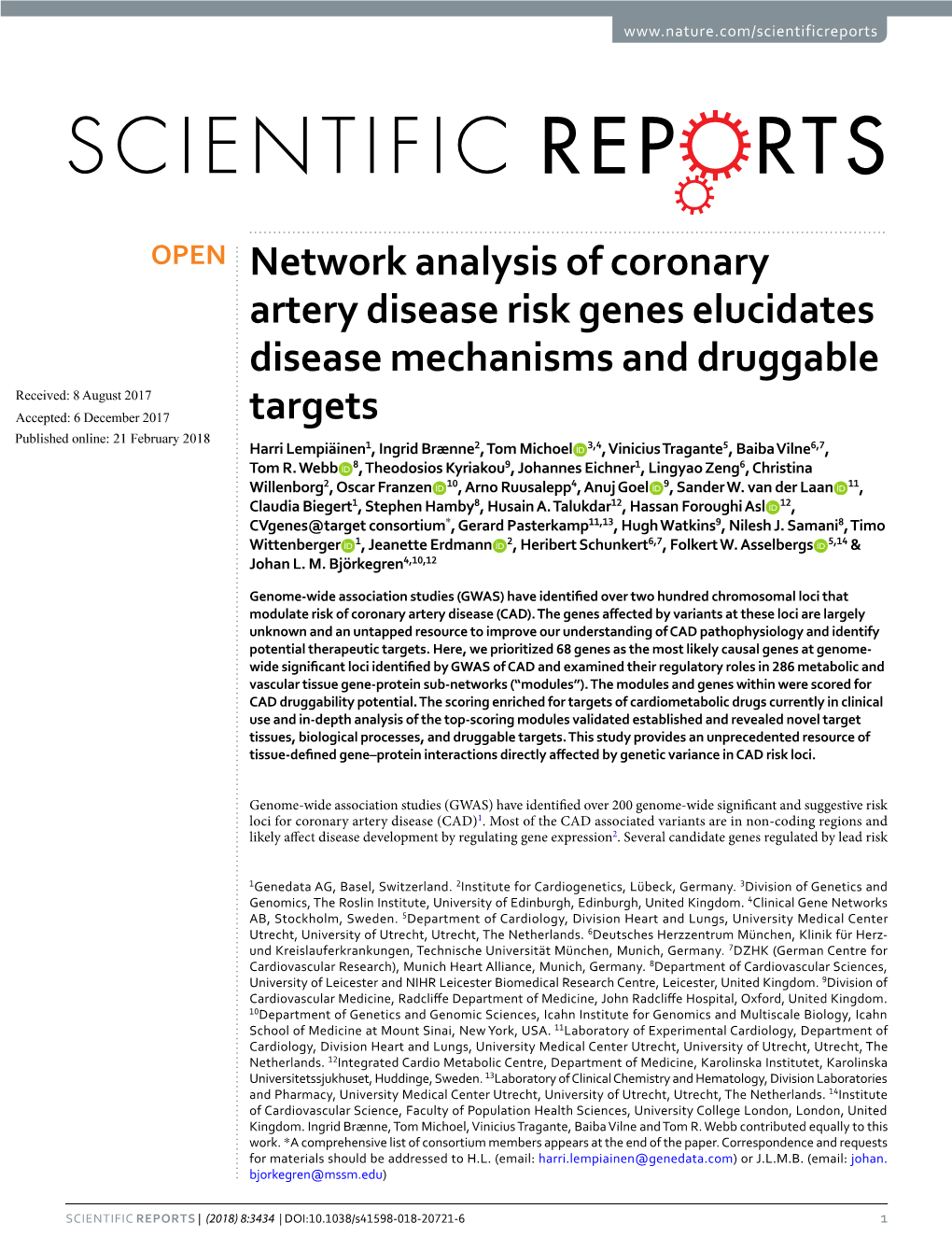 Network Analysis of Coronary Artery Disease Risk Genes Elucidates
