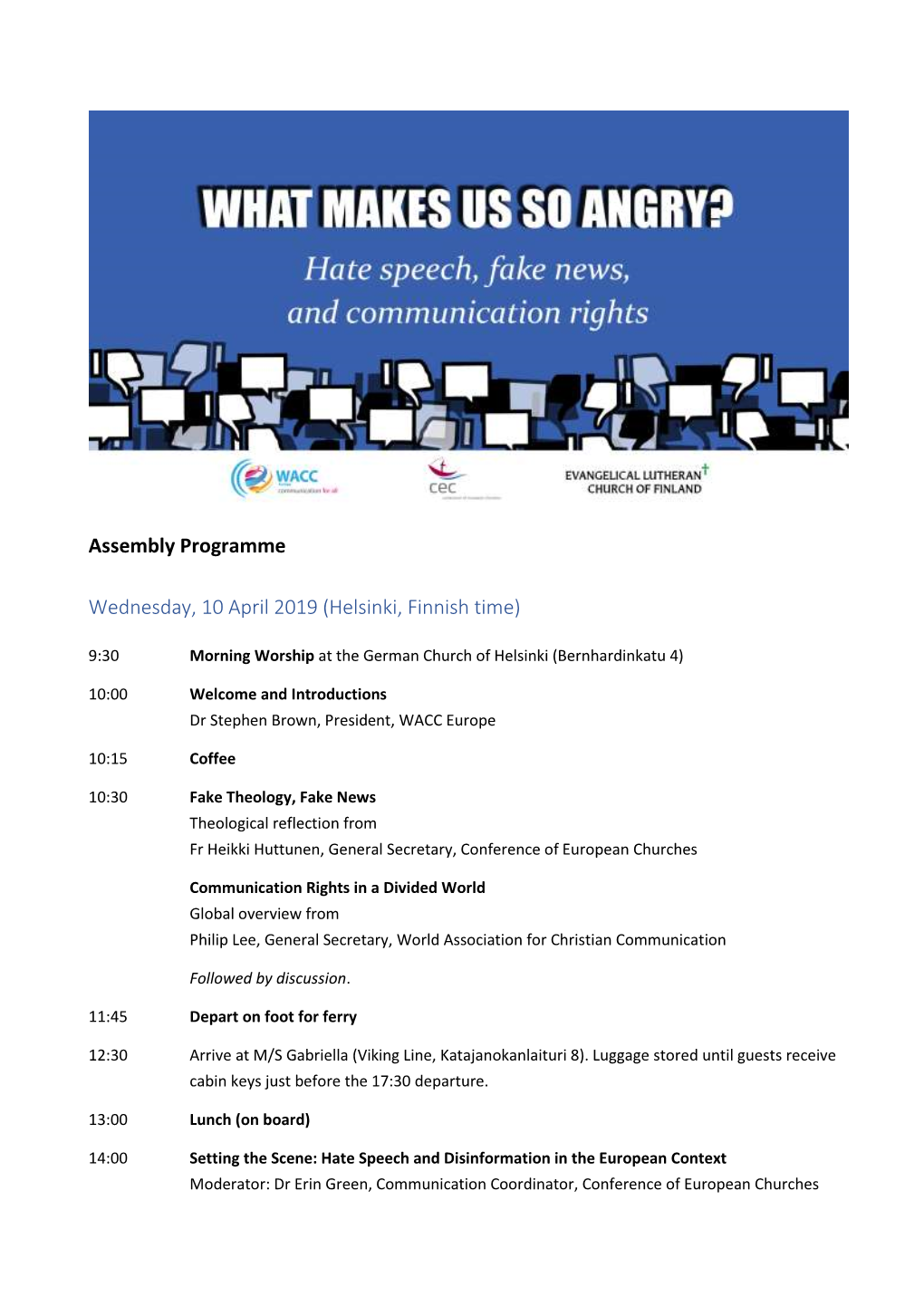 Assembly Programme Wednesday, 10 April 2019 (Helsinki, Finnish Time)