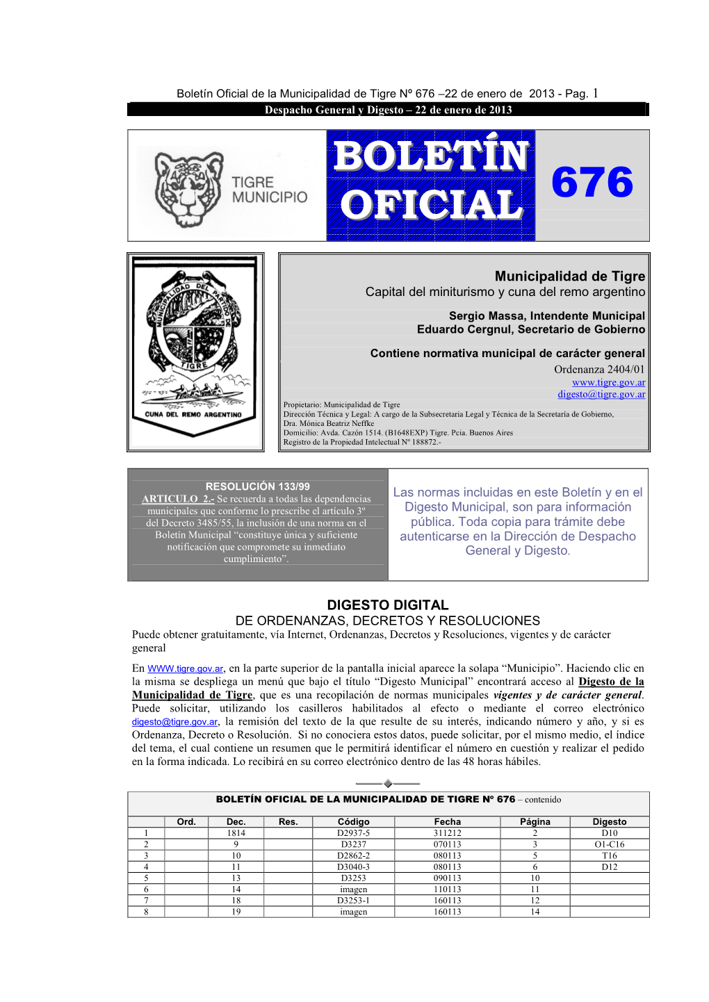 Boletín Oficial De La Municipalidad De Tigre Nº 676 –22 De Enero De 2013 - Pag