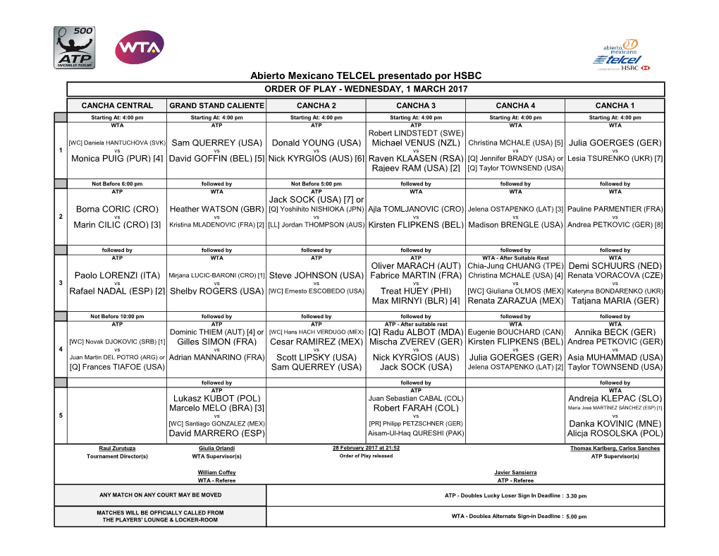 Abierto Mexicano TELCEL Presentado Por HSBC ORDER of PLAY - WEDNESDAY, 1 MARCH 2017