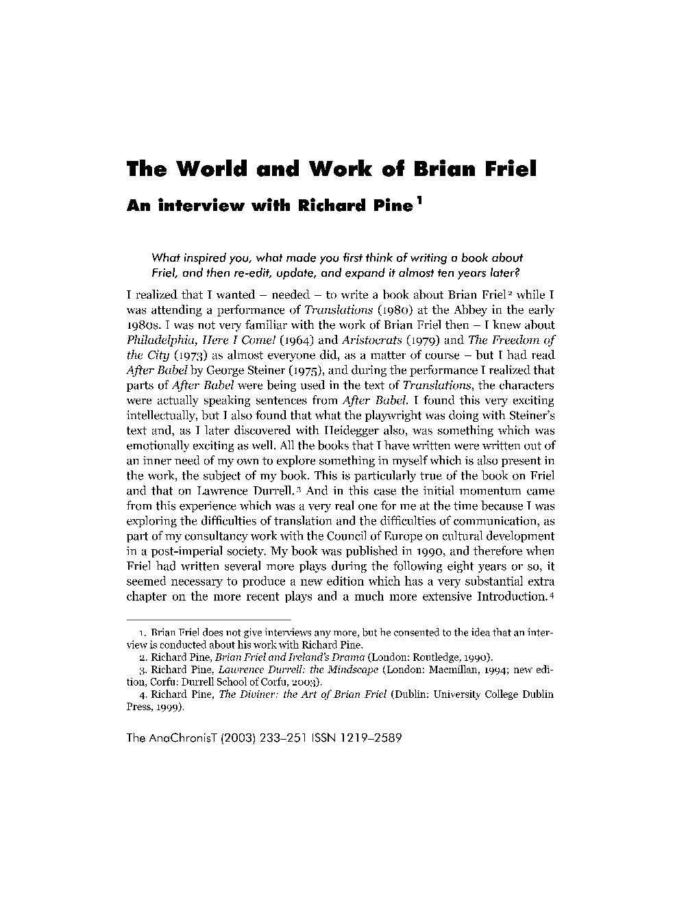 The World and Work of Brian Friel