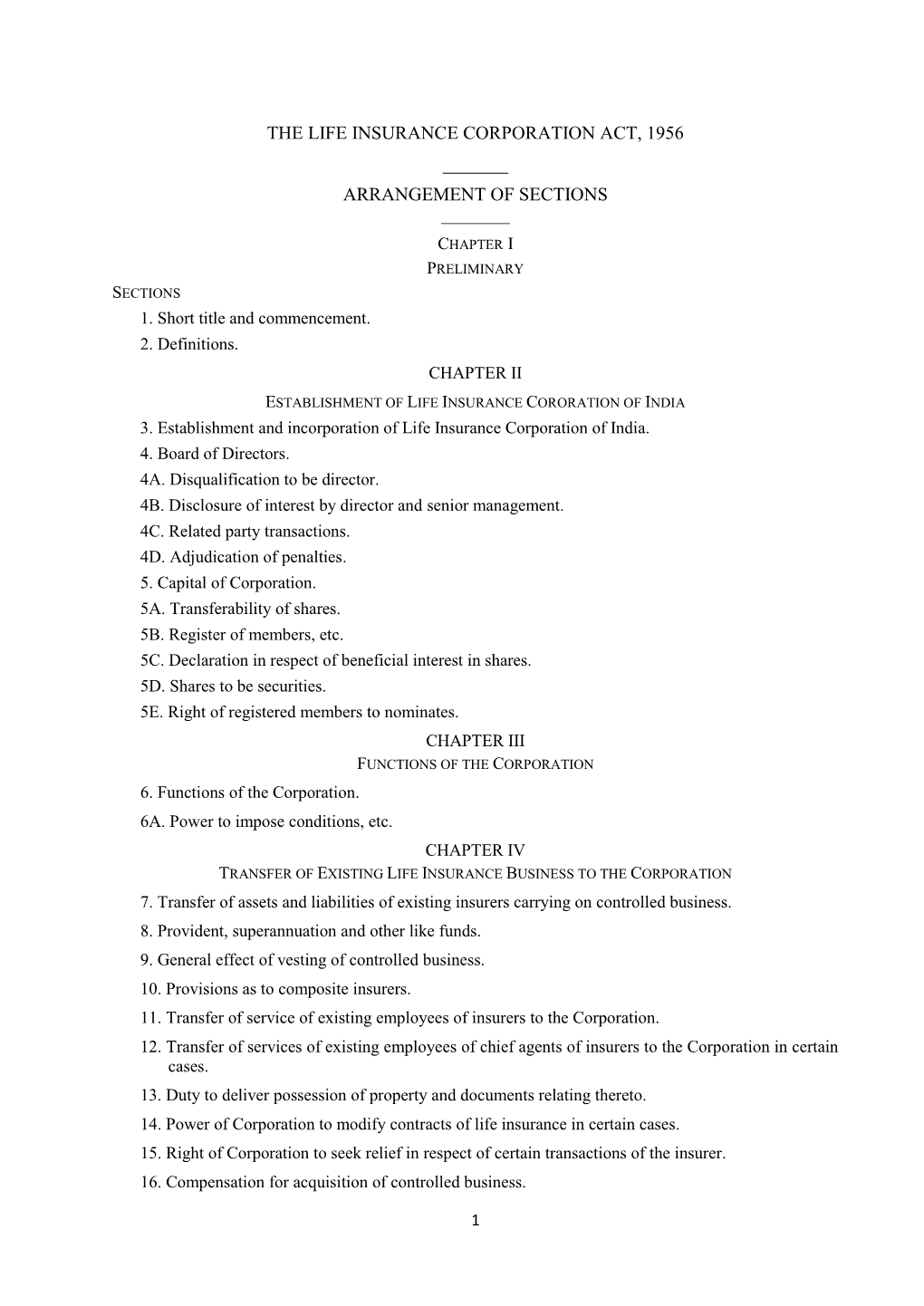 The Life Insurance Corporation Act, 1956 ___Arrangement of Sections