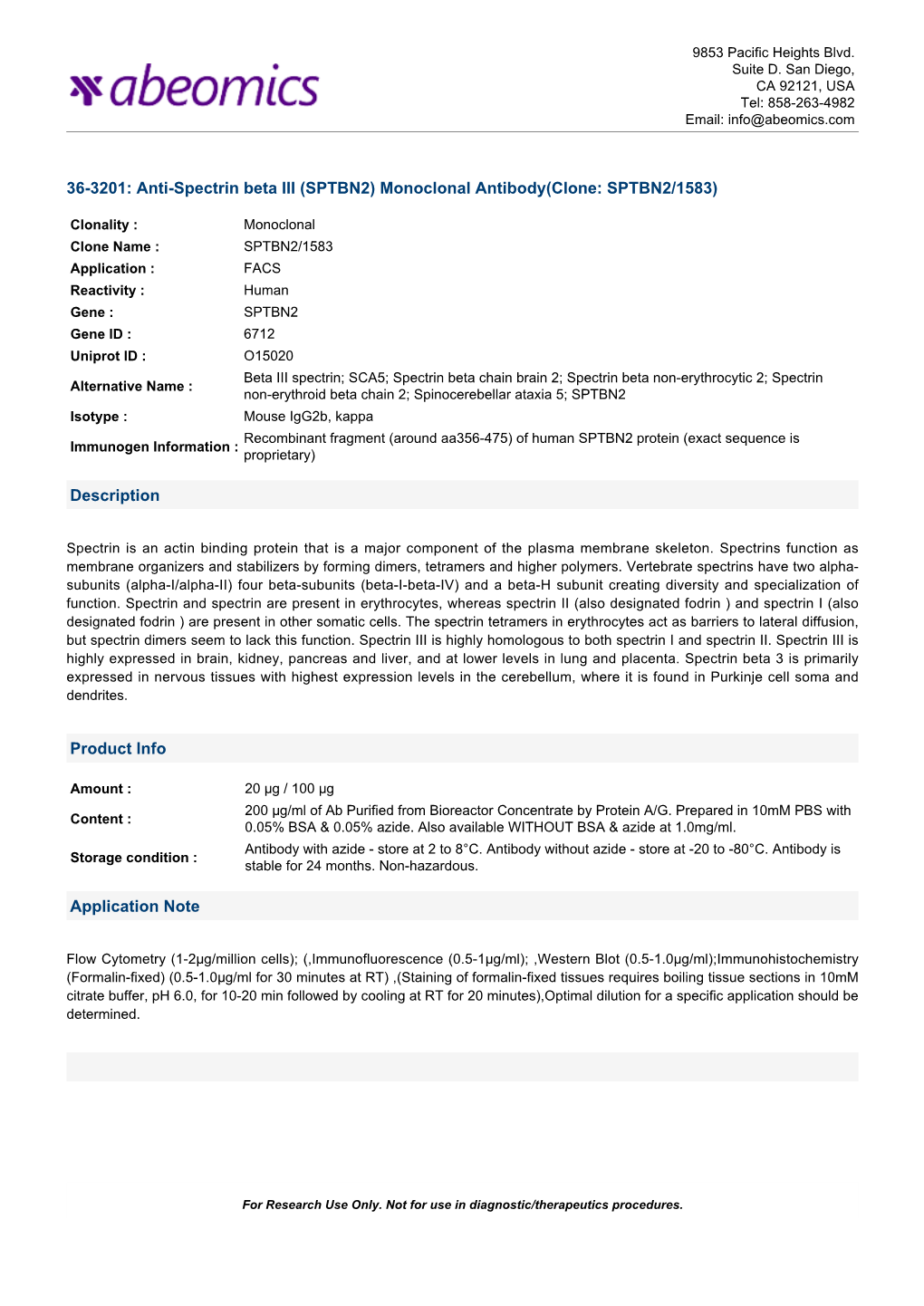 Monoclonal Antibody(Clone: SPTBN2/1583)