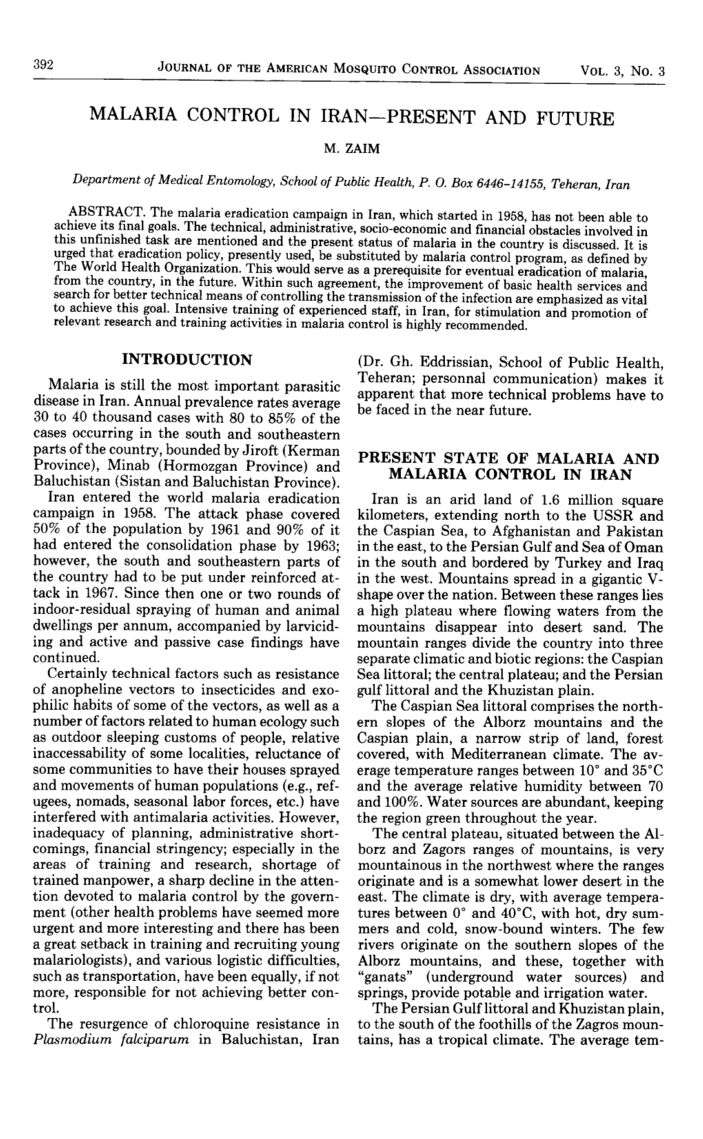 Malaria Control in Iran-Present and Future