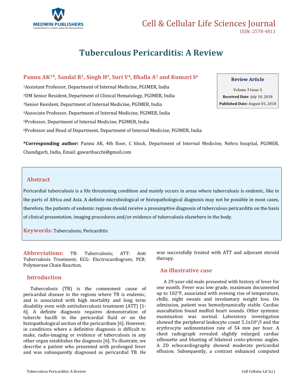 Tuberculous Pericarditis: a Review. Cell Cellular Lif Sci J 2018, 3(3): Copyright© Pannu AK, Et Al