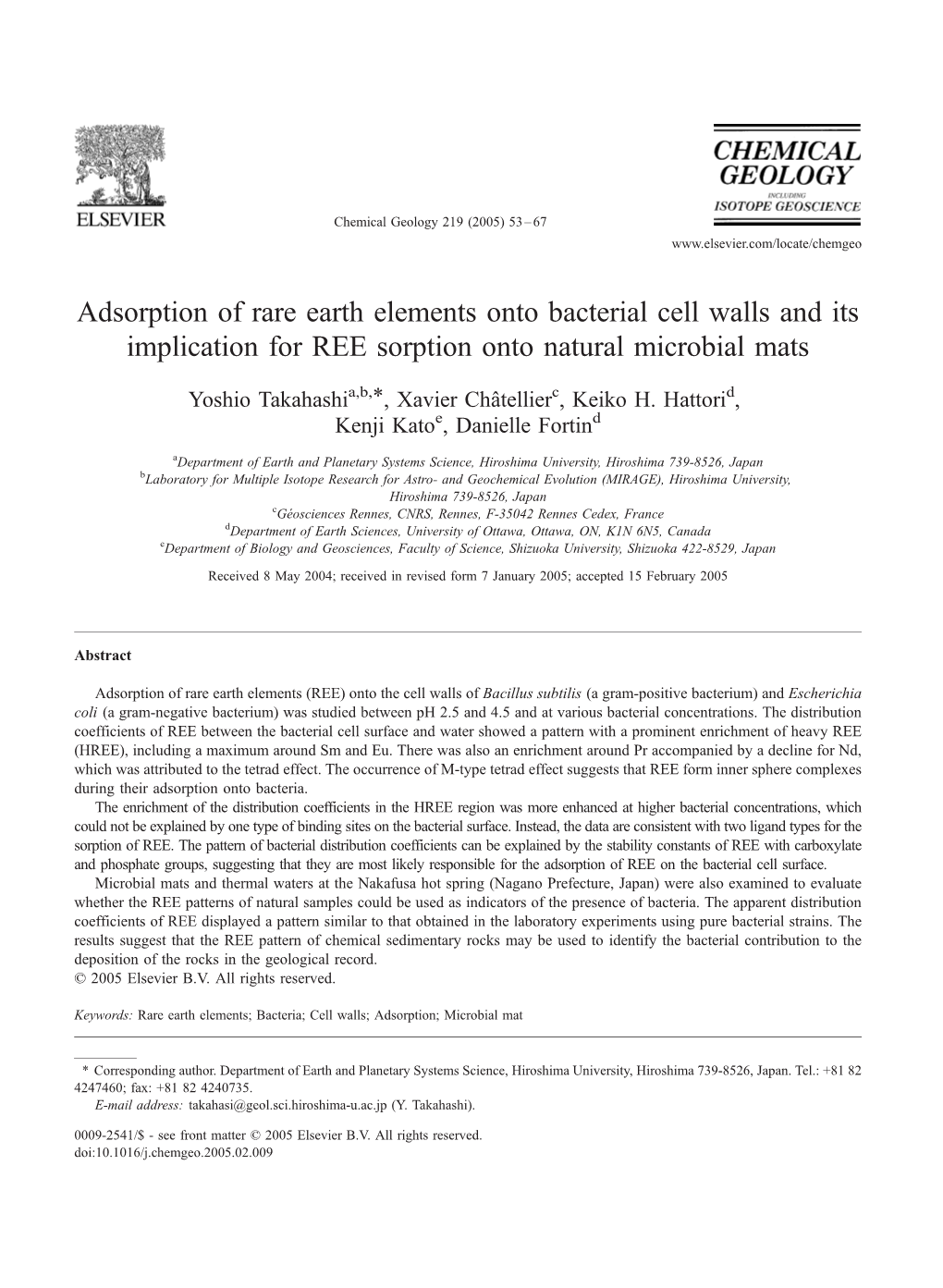 Adsorption of Rare Earth Elements Onto Bacterial Cell Walls and Its Implication for REE Sorption Onto Natural Microbial Mats