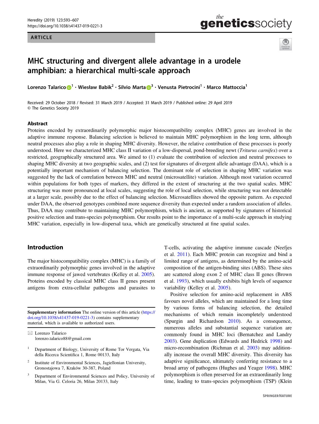 MHC Structuring and Divergent Allele Advantage in a Urodele Amphibian: a Hierarchical Multi-Scale Approach