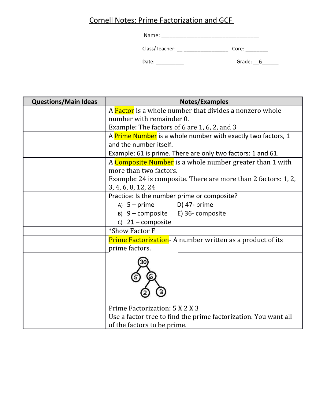 Cornell Notes: Dividing Decimals