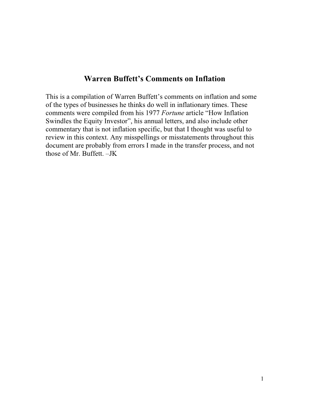 Warren Buffett's Comments on Inflation