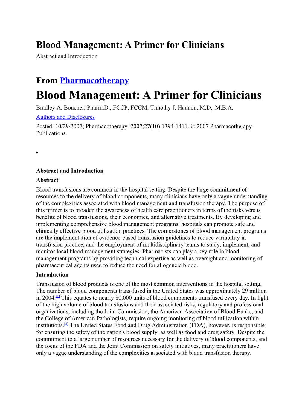 Blood Management: a Primer for Clinicians