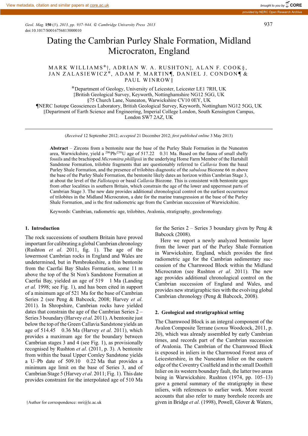 Dating the Cambrian Purley Shale Formation, Midland Microcraton, England