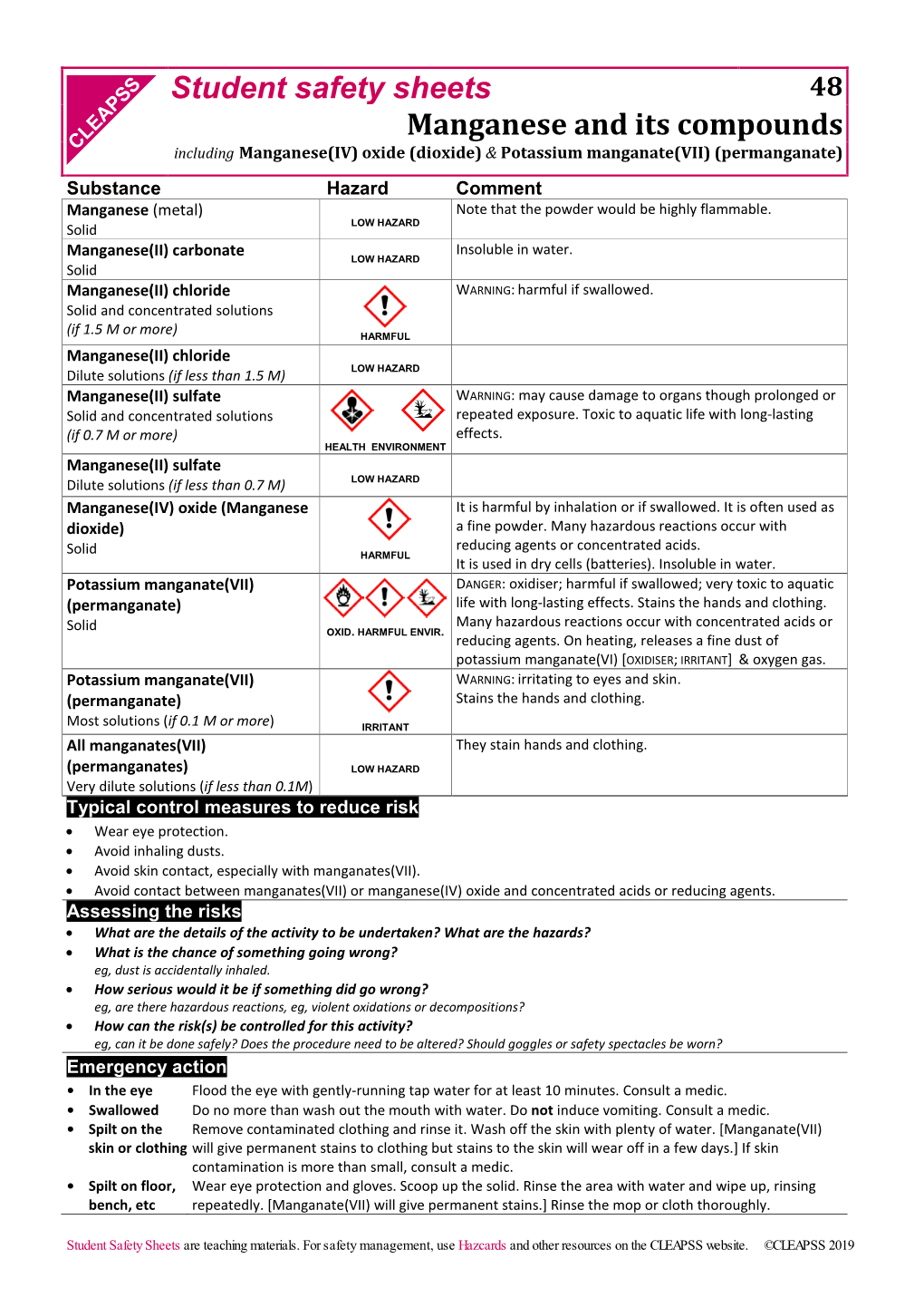 Student Safety Sheets Manganese and Its Compounds