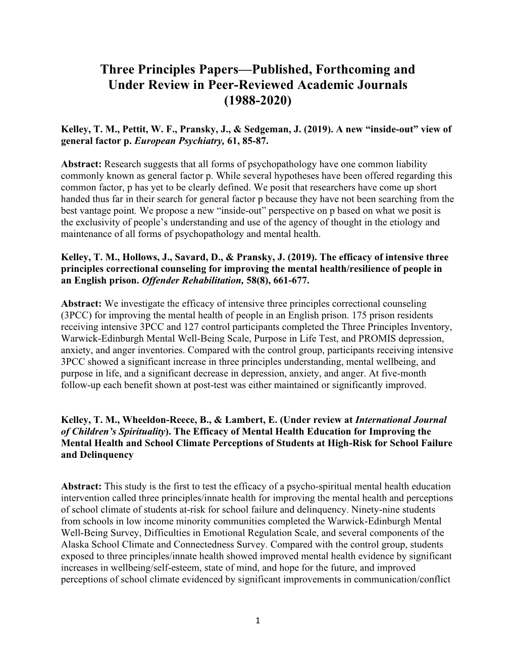 Three Principles Papers—Published, Forthcoming and Under Review in Peer-Reviewed Academic Journals (1988-2020)