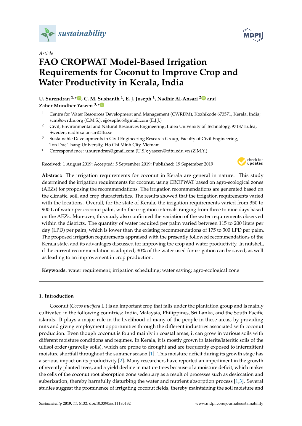 FAO CROPWAT Model-Based Irrigation Requirements for Coconut to Improve Crop and Water Productivity in Kerala, India