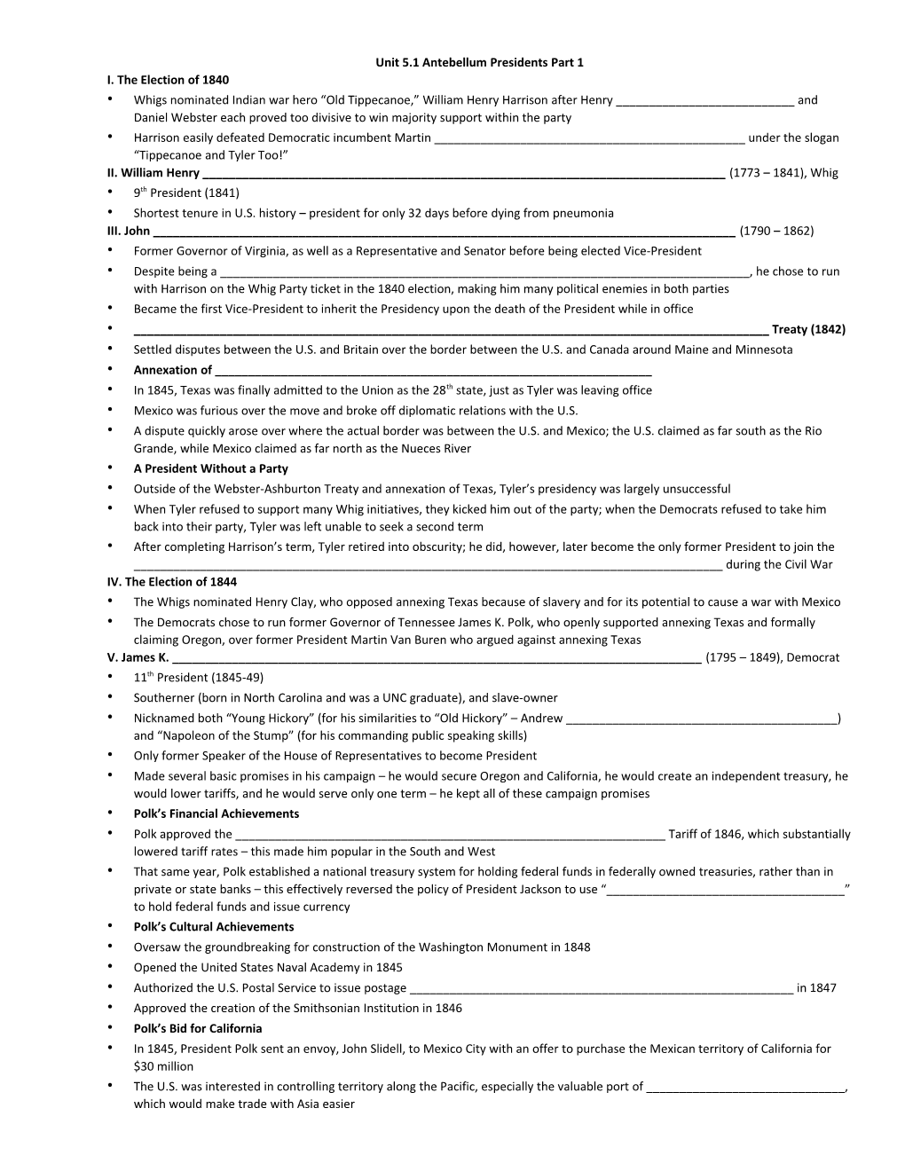 Unit 5.1 Antebellum Presidents Part 1