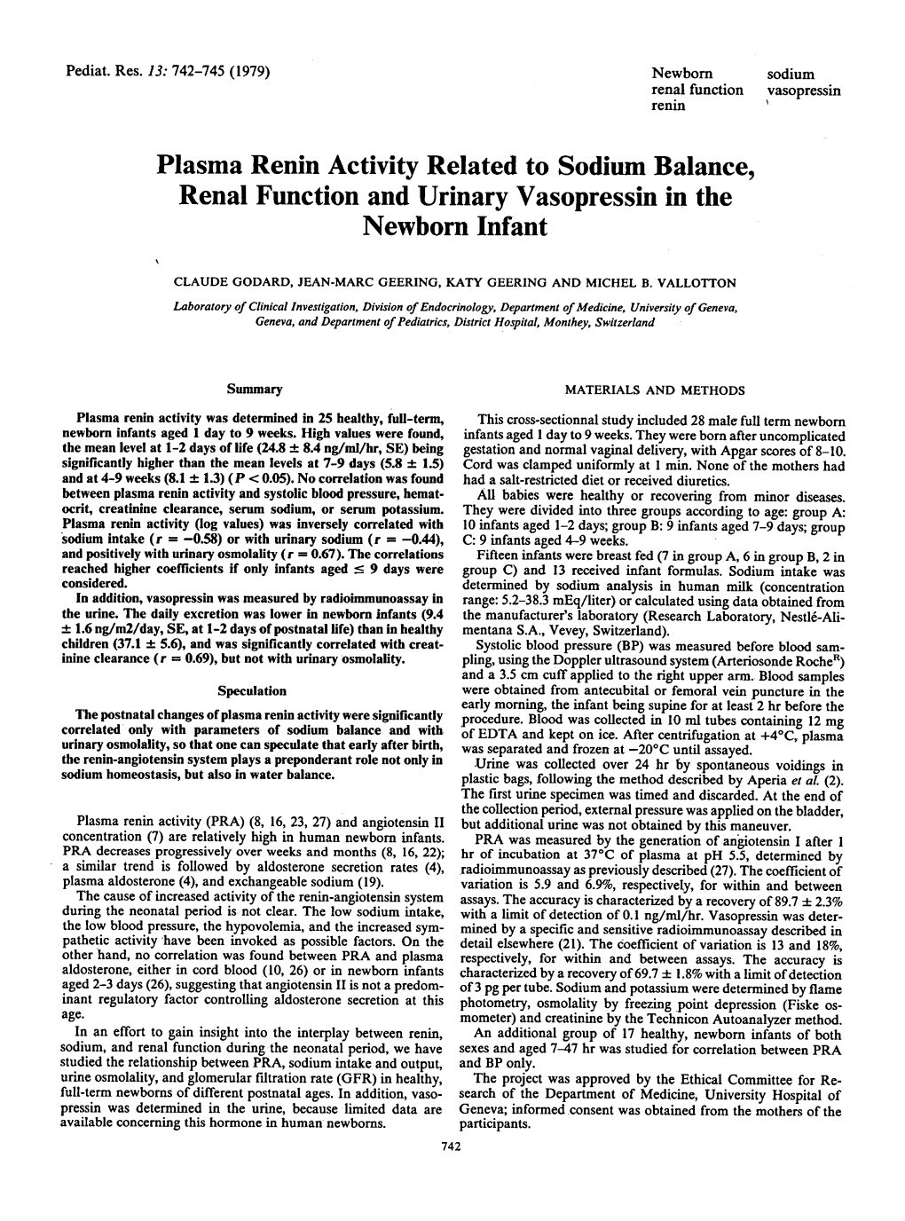 Plasma Renin Activity Related to Sodium Balance, Renal Function and Urinary Vasopressin in the Newborn Infant