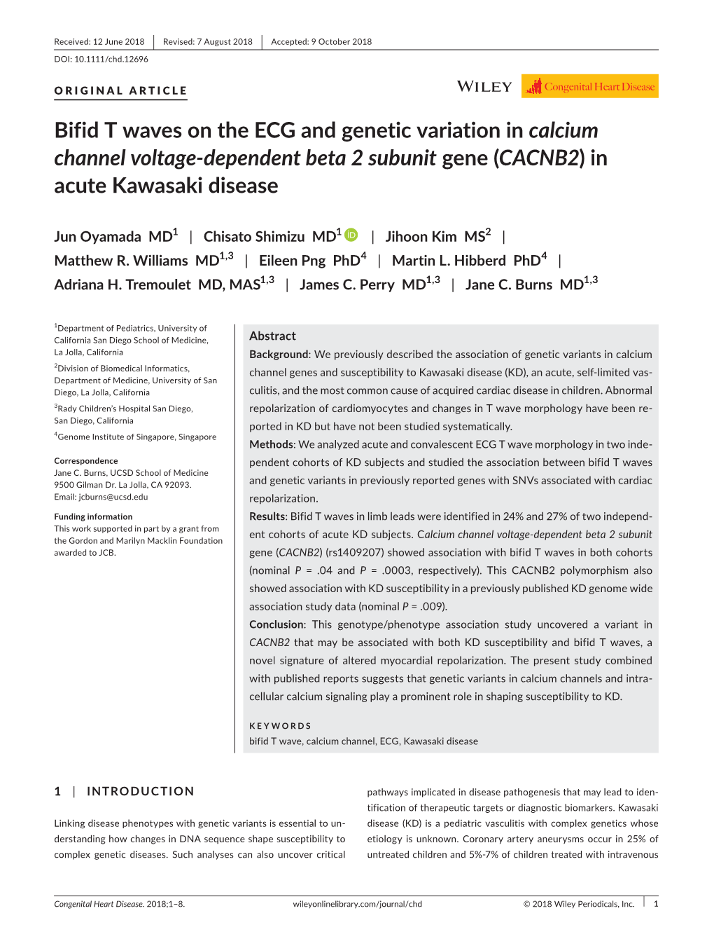 Bifid T Waves on the ECG and Genetic Variation in Calcium Channel Voltage‐Dependent Beta 2 Subunit Gene (CACNB2) in Acute Kawasaki Disease