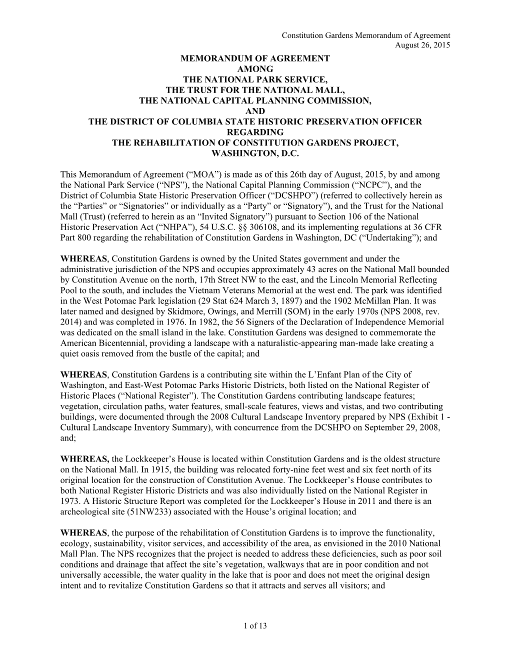 Constitution Gardens Memorandum of Agreement August 26, 2015 1 of 13