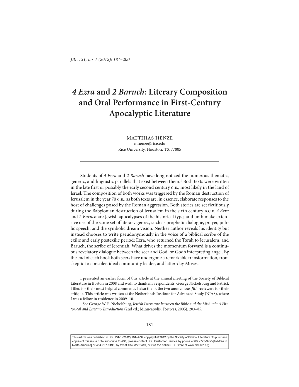 4 Ezra and 2 Baruch: Literary Composition and Oral Performance in First-Century Apocalyptic Literature