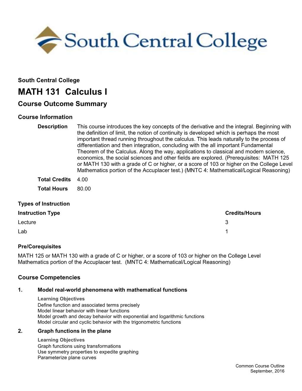 MATH 131 Calculus I Course Outcome Summary