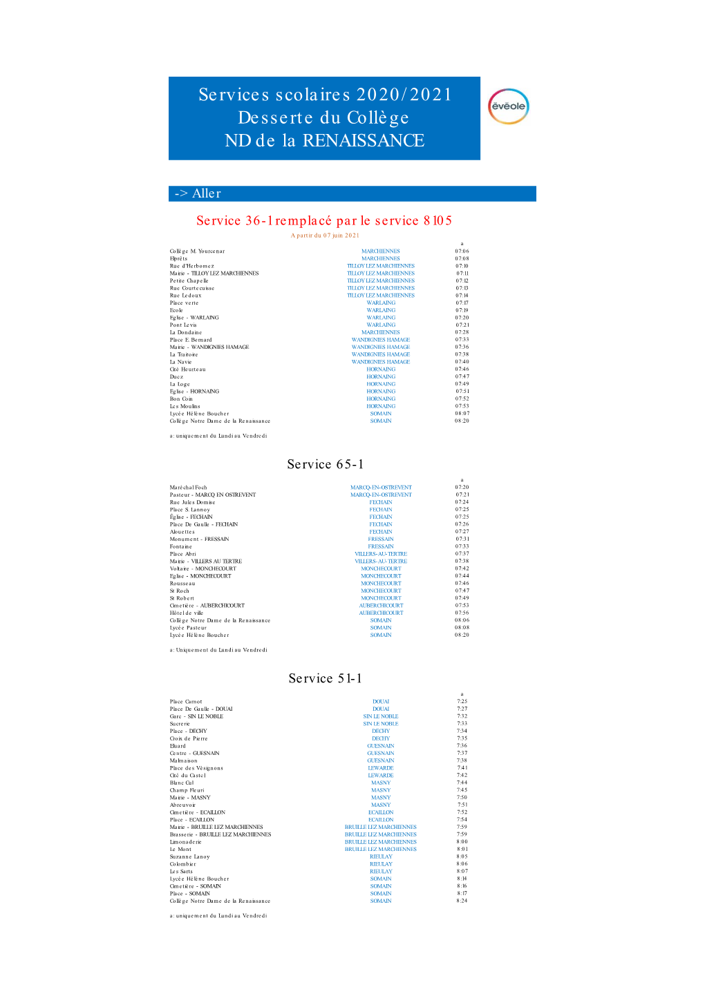 Services Scolaires 2020/2021 Desserte Du Collège ND De La RENAISSANCE