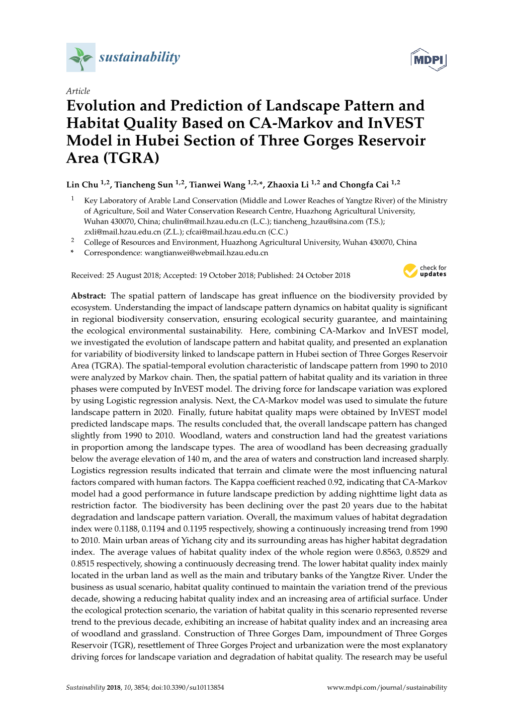 Evolution and Prediction of Landscape Pattern and Habitat Quality Based on CA-Markov and Invest Model in Hubei Section of Three Gorges Reservoir Area (TGRA)