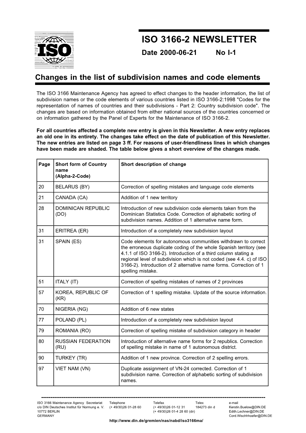 ISO 3166-2 NEWSLETTER Date 2000-06-21 No I-1