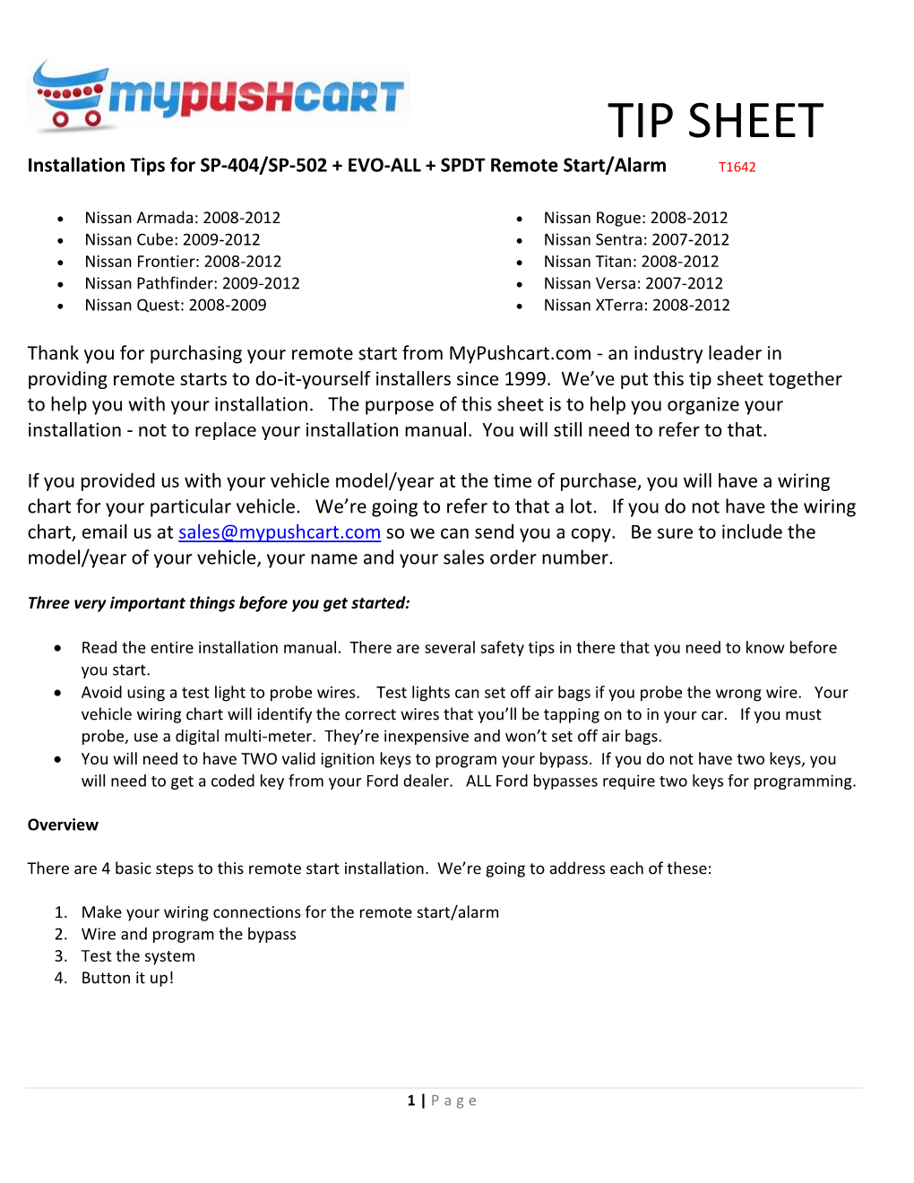 TIP SHEET Installation Tips for SP-404/SP-502 + EVO-ALL + SPDT Remote Start/Alarm T1642