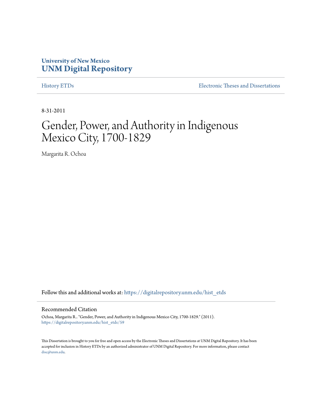 Gender, Power, and Authority in Indigenous Mexico City, 1700-1829 Margarita R