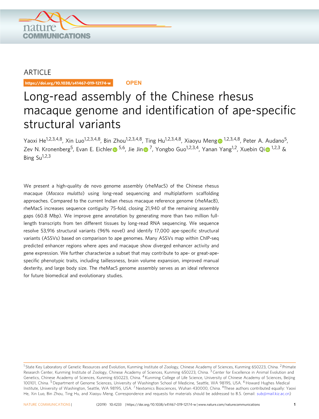 Long-Read Assembly of the Chinese Rhesus Macaque Genome and Identification of Ape-Specific Structural Variants