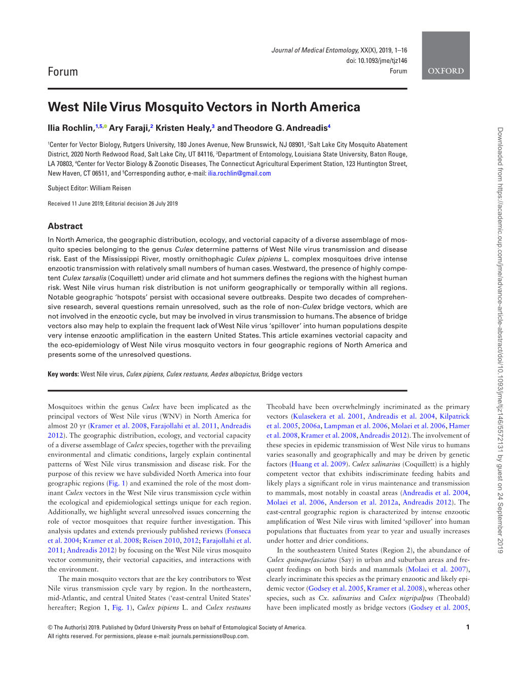 West Nile Virus Mosquito Vectors in North America