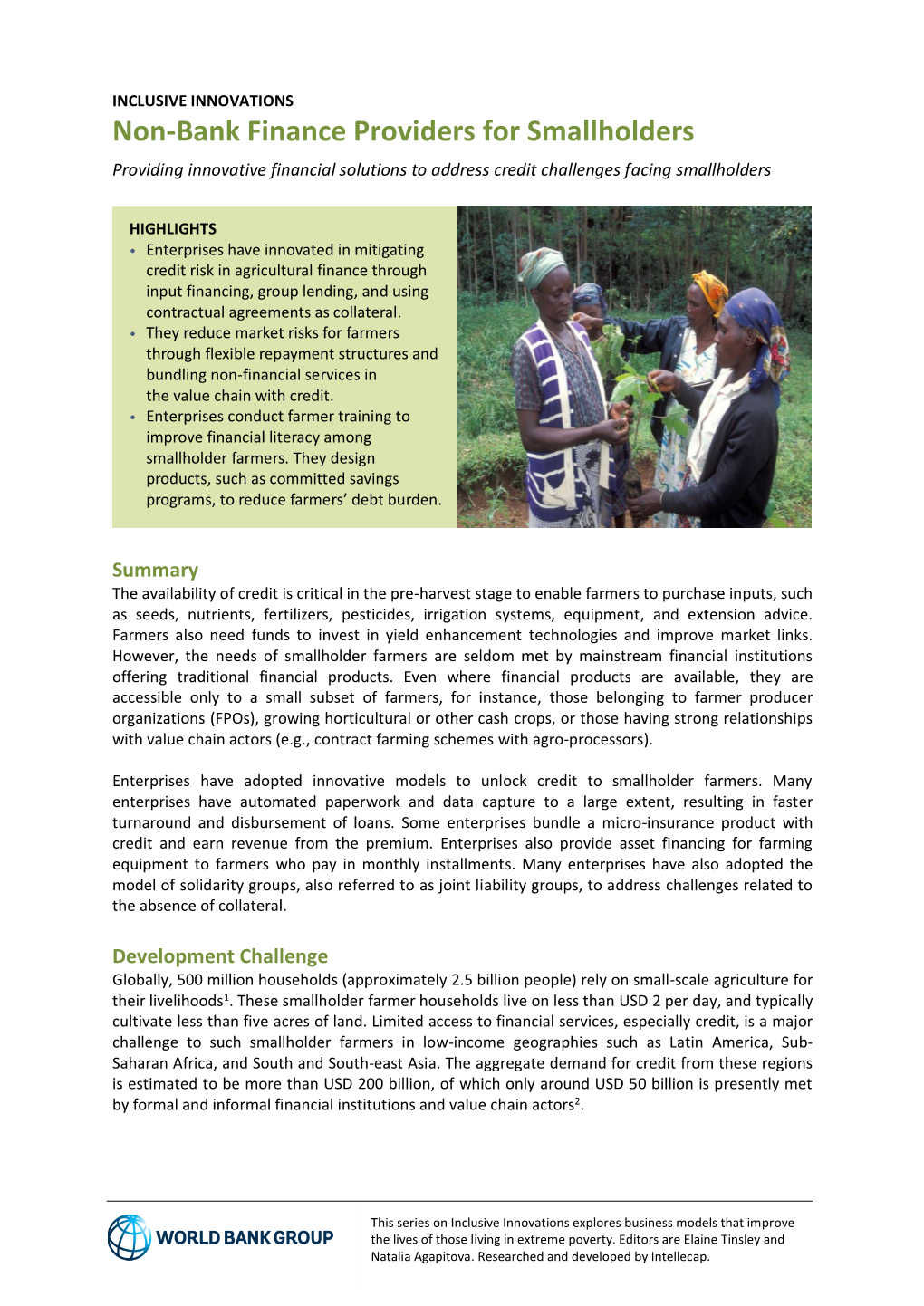 Non-Bank Finance Providers for Smallholders Providing Innovative Financial Solutions to Address Credit Challenges Facing Smallholders