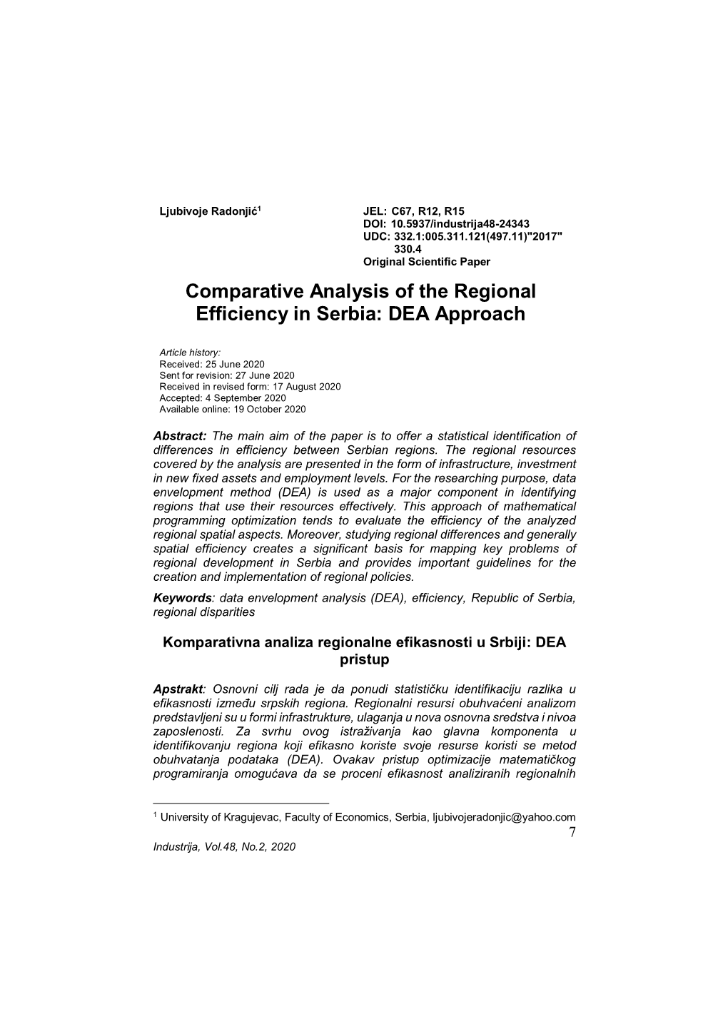 Comparative Analysis of the Regional Efficiency in Serbia: DEA Approach