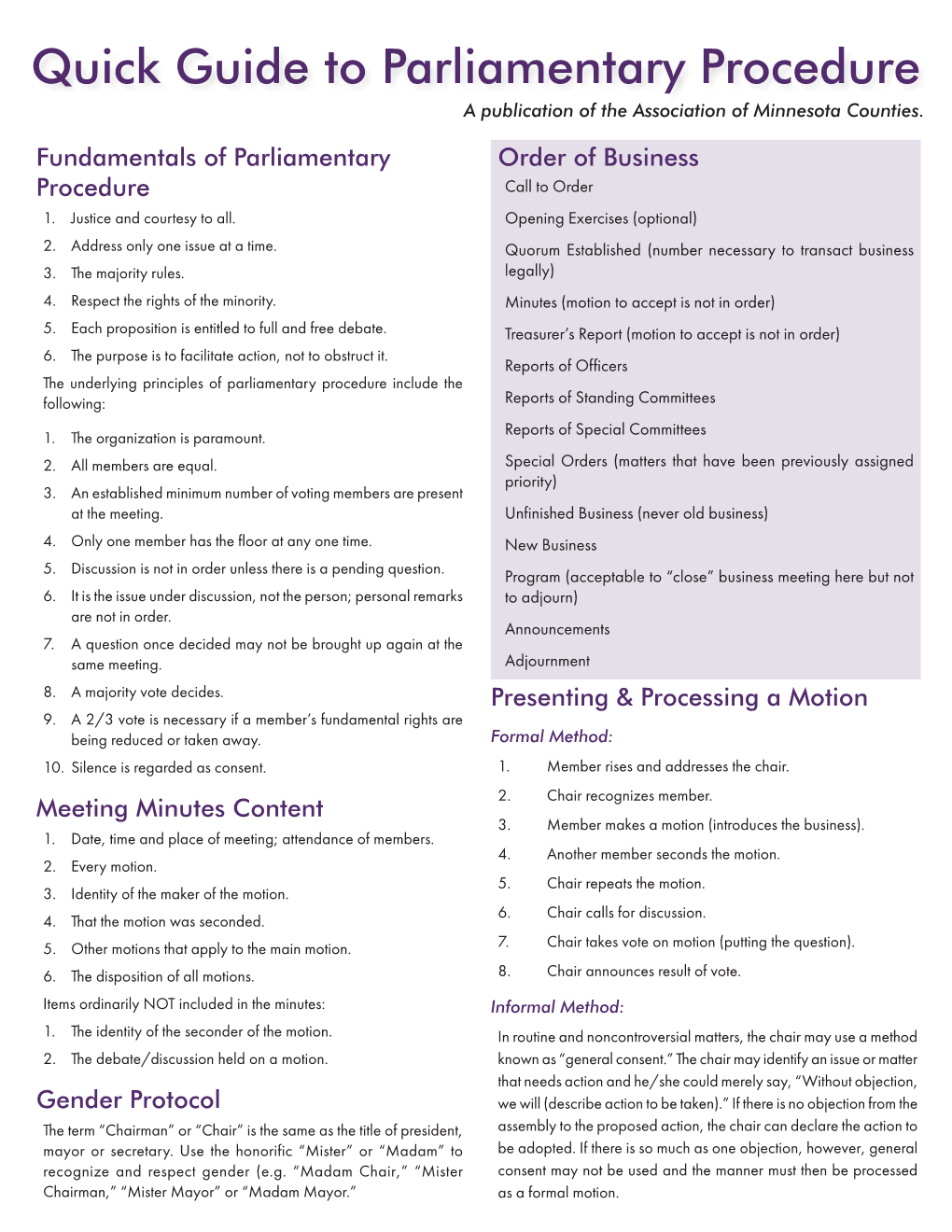 Quick Guide to Parliamentary Procedure a Publication of the Association of Minnesota Counties