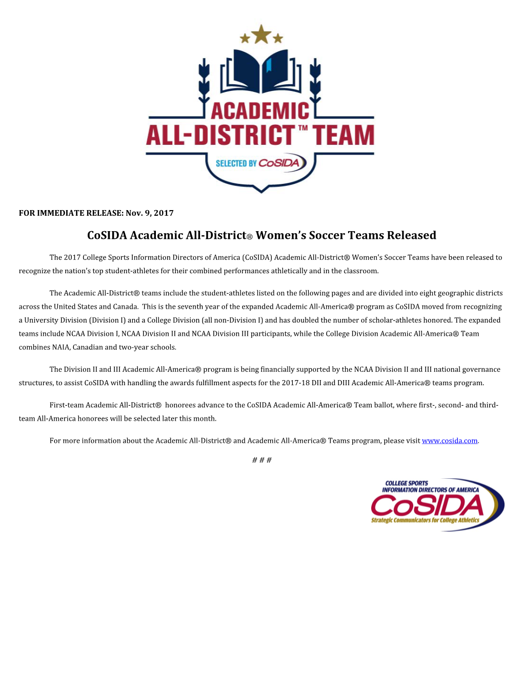 Cosida Academic All-District® Women's Soccer Teams Released