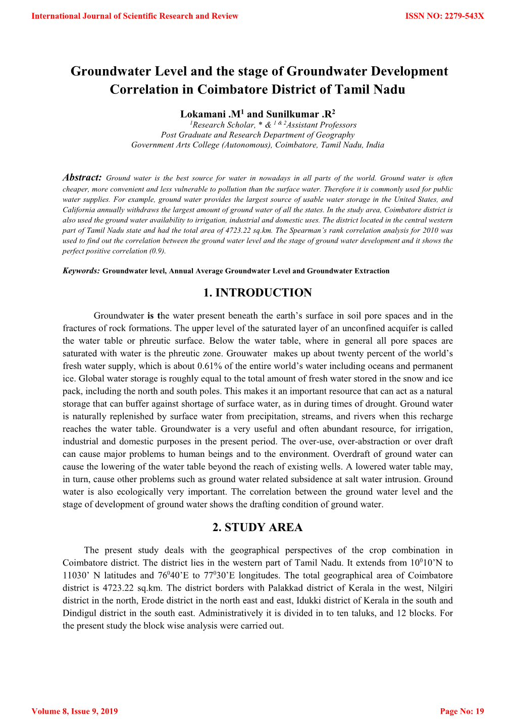 Groundwater Level and the Stage of Groundwater Development Correlation in Coimbatore District of Tamil Nadu