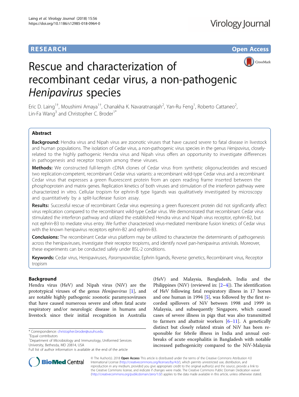 Rescue and Characterization of Recombinant Cedar Virus, a Non-Pathogenic Henipavirus Species Eric D