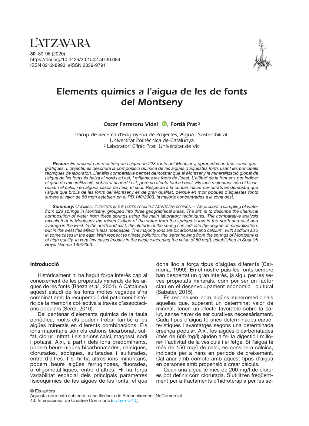 Elements Químics a L'aigua De Les De Fonts Del Montseny