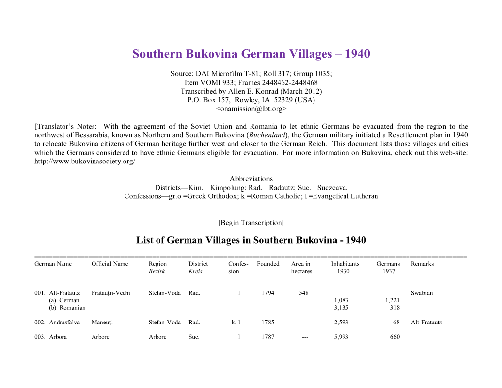 Southern Bukovina German Villages – 1940