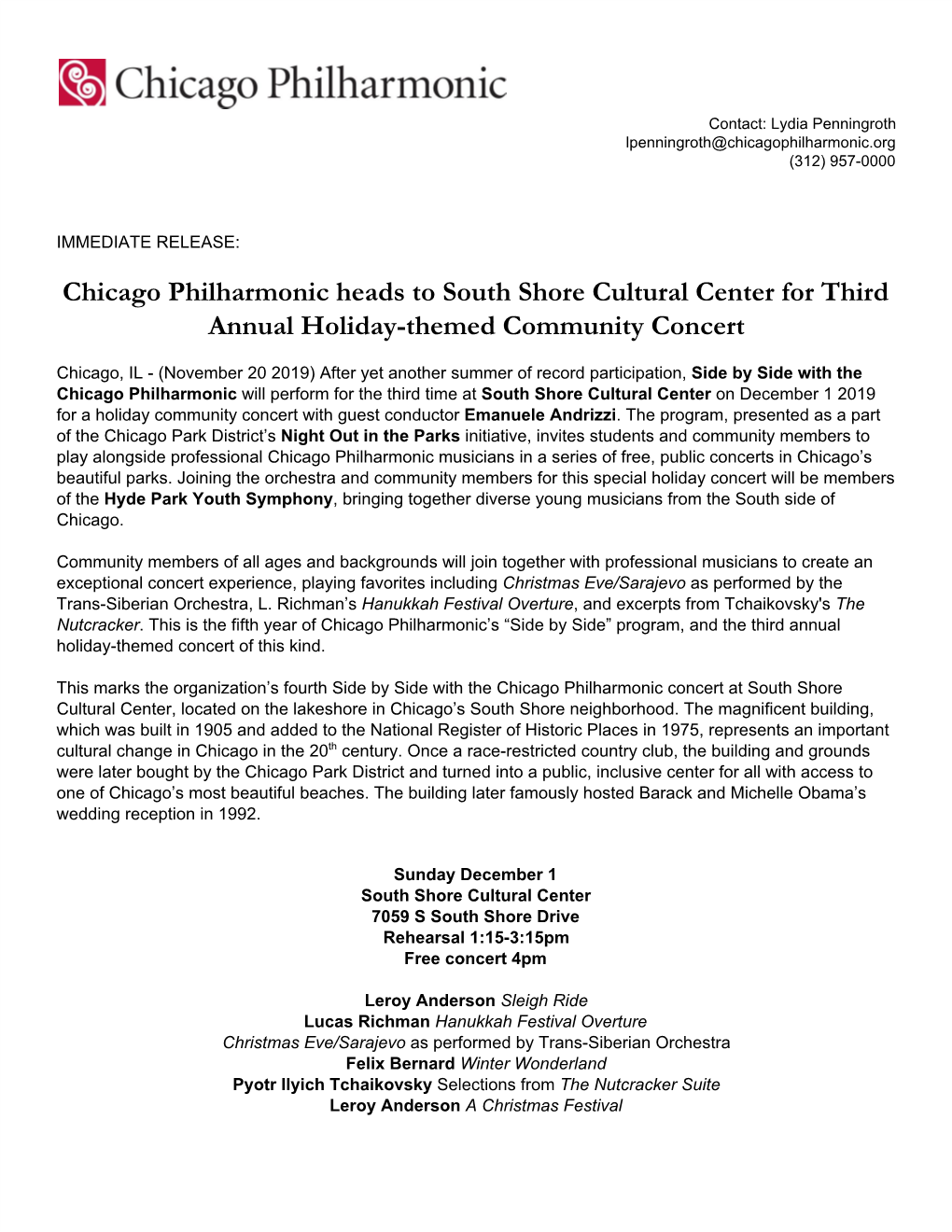 Chicago Philharmonic Heads to South Shore Cultural Center for Third Annual Holiday-Themed Community Concert