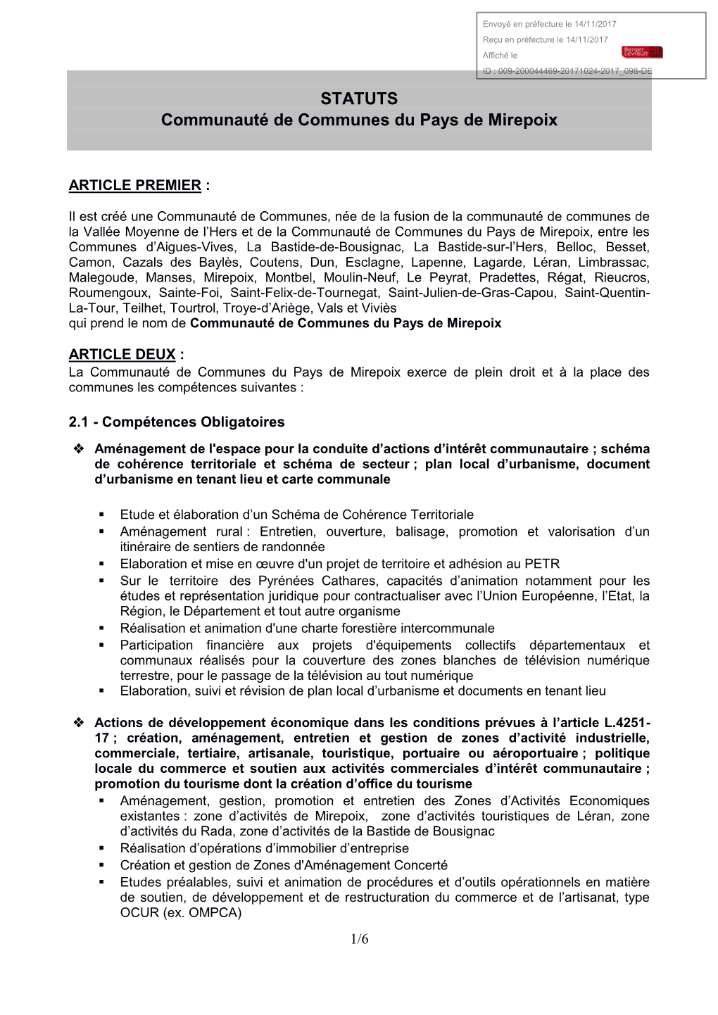 STATUTS Communauté De Communes Du Pays De Mirepoix