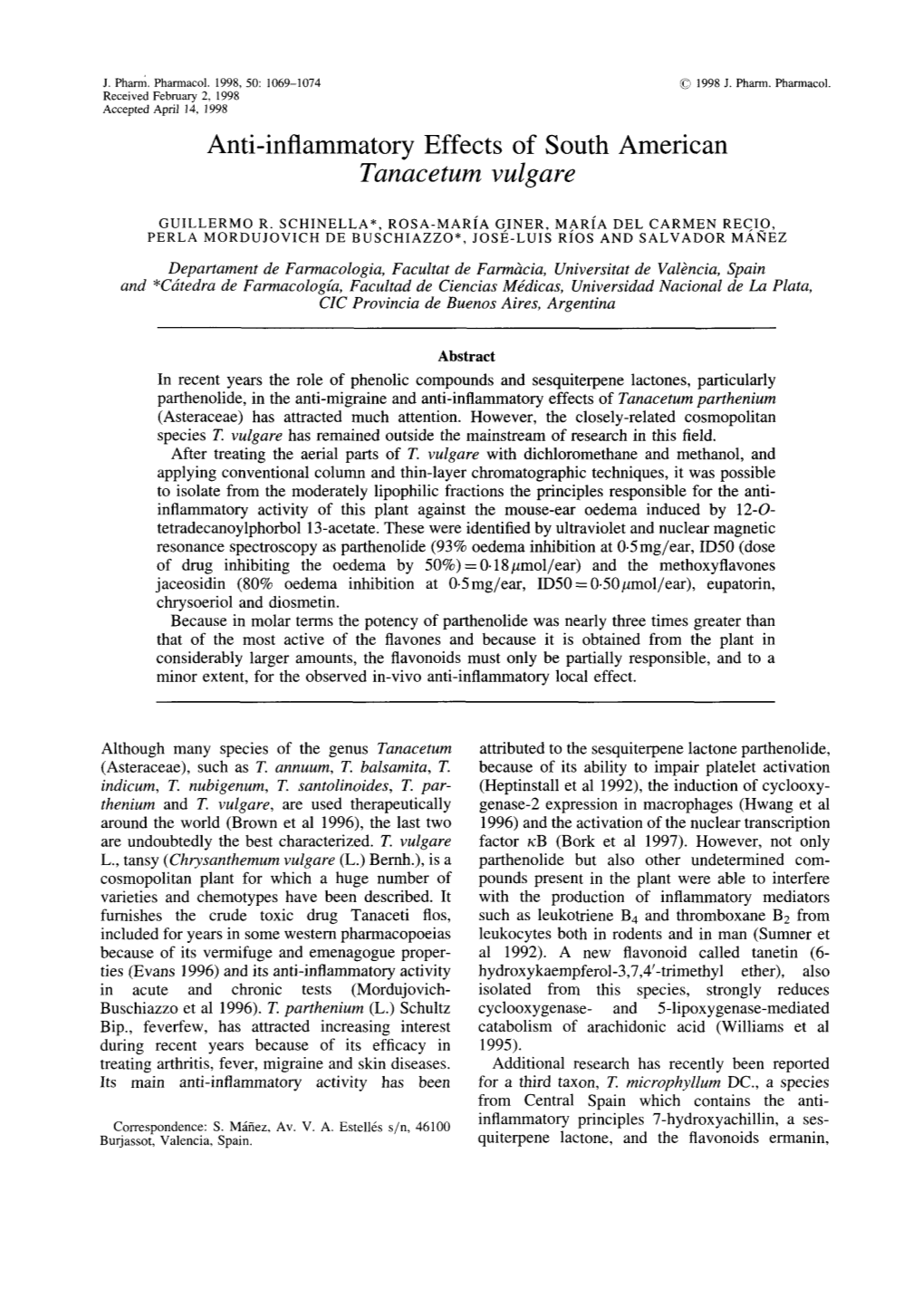 Anti-Inflammatory Effects of South American Tanacetum Vulgare