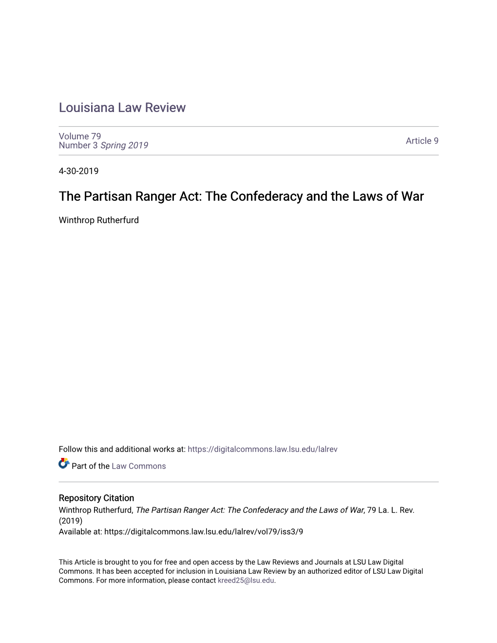 The Partisan Ranger Act: the Confederacy and the Laws of War